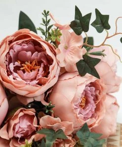 Silkflowersfactory Artificial Flowers 2 Bush Dusty Rose/Blush Peony, Rose Bud And Hydrangea Real Touch Artificial Silk Flower Bouquets