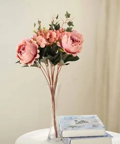 Silkflowersfactory Artificial Flowers 2 Bush Dusty Rose/Blush Peony, Rose Bud And Hydrangea Real Touch Artificial Silk Flower Bouquets