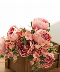 Silkflowersfactory Artificial Flowers 2 Bush Dusty Rose/Blush Peony, Rose Bud And Hydrangea Real Touch Artificial Silk Flower Bouquets