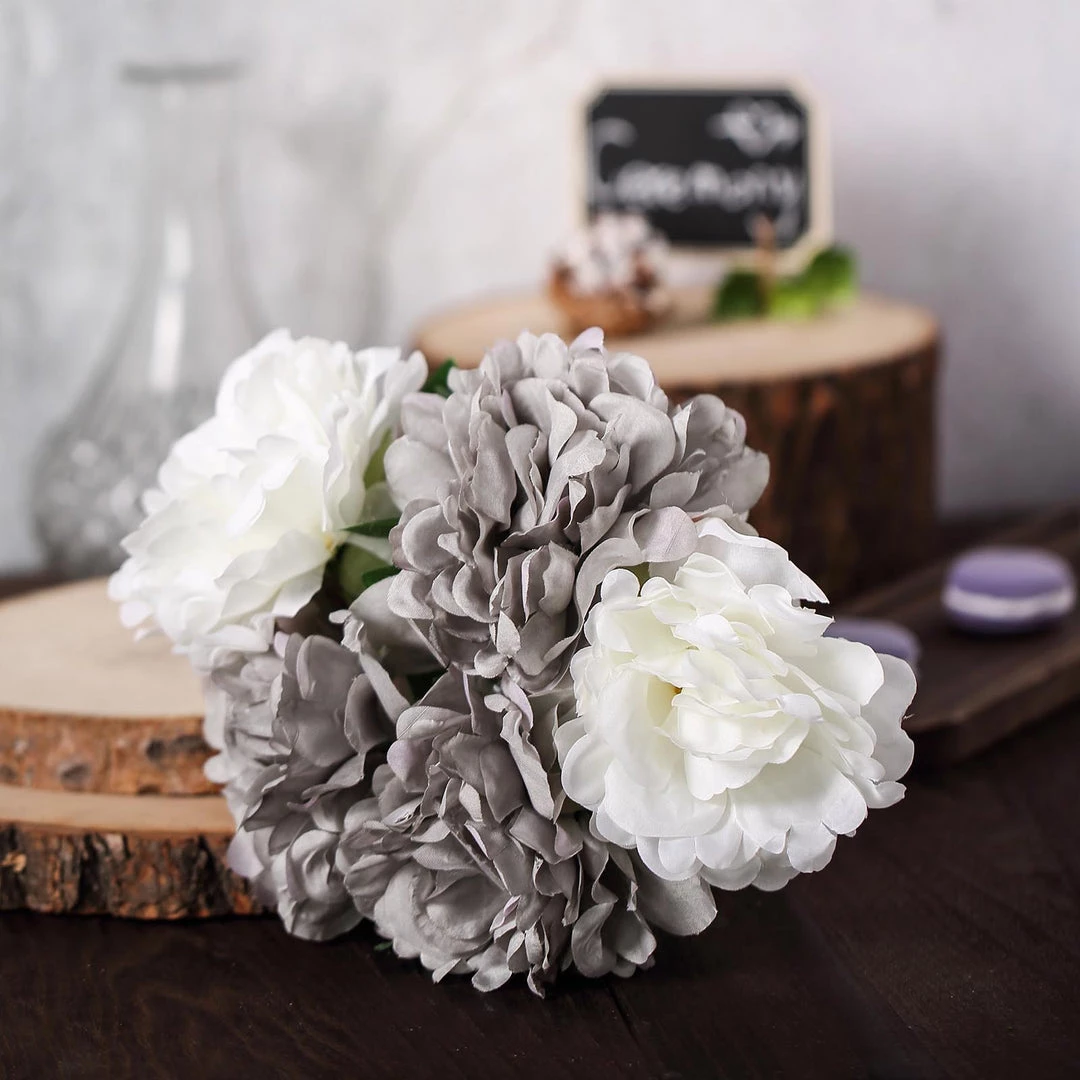 Silkflowersfactory Artificial Flowers 5 Heads | 11" Tall Artificial Bush Peony Bouquet - Gray | White 11 Silkflowersfactory Artificial Flowers 5 Heads | 11" Tall Artificial Bush Peony Bouquet - Gray | White