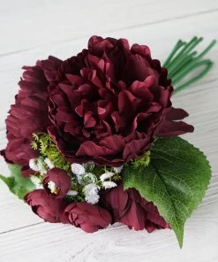 Silkflowersfactory 12'' Tall Burgundy Artificial Peony Silk Flowers Bouquet