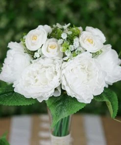 Silkflowersfactory Artificial Flowers 12'' Tall White Artificial Peony Silk Flowers Bouquet