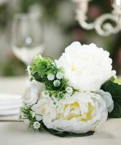 Silkflowersfactory Artificial Flowers 12'' Tall White Artificial Peony Silk Flowers Bouquet