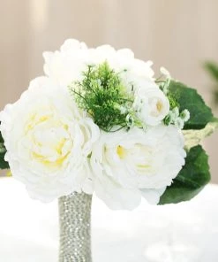 Silkflowersfactory Artificial Flowers 12'' Tall White Artificial Peony Silk Flowers Bouquet