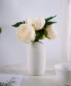 HIER_1130 5 Heads | 10" Stem Beige Artificial Peonies, Silk Peony Flower Bouquet