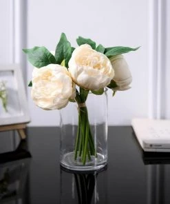 HIER_1130 5 Heads | 10" Stem Beige Artificial Peonies, Silk Peony Flower Bouquet