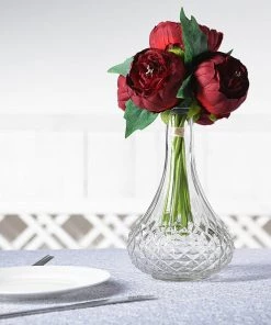 Silkflowersfactory 10" Tall | 5 Heads Artificial Burgundy Silk Peonies, Peony Flower Bouquet Artificial Flowers