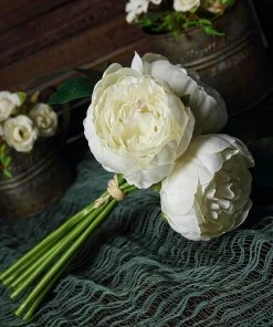 Silkflowersfactory Artificial Flowers 10" Tall | 5 Heads Artificial Cream Silk Peonies, Peony Flower Bouquet 24 Silkflowersfactory Artificial Flowers 10