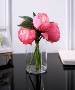 HIER_1130 5 Heads | 10" Stem Fuchsia Artificial Peonies, Silk Peony Flower Bouquet Artificial Flowers