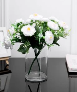 HIER_1130 4 Bushes | 12" White Artificial Peony Flower Bouquet, Silk Flower Arrangements