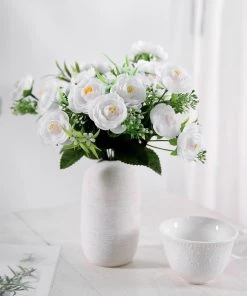 HIER_1130 4 Bushes | 12" White Artificial Peony Flower Bouquet, Silk Flower Arrangements