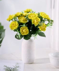 HIER_1130 Artificial Flowers 4 Bushes | 12" Yellow Artificial Peony Flower Bouquet, Silk Flower Arrangements