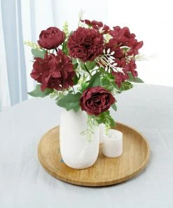 HIER_1130 2 Pack | Burgundy Artificial Peony Flower Spray, Silk Flower Bouquet For Vases - Assorted 12" Tall Artificial Flowers