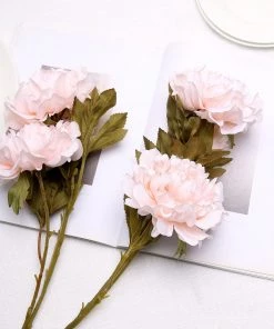 HIER_1130 2 Bushes | 29" Blush Artificial Long Stem Peony Flower Spray, Silk Peonies Bouquet - Rose Gold Artificial Flowers