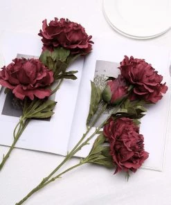HIER_1130 2 Bushes | 29" Burgundy Artificial Long Stem Peony Flower Spray, Silk Peonies Bouquet Artificial Flowers