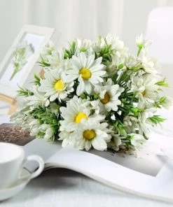 HIER_1150 Artificial Flowers 4 Pack | 11" Cream Artificial Daisy Flower Bushes Silk Flower Bouquet