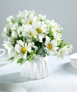 HIER_1150 Artificial Flowers 4 Pack | 11" Cream Artificial Daisy Flower Bushes Silk Flower Bouquet