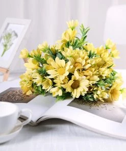 HIER_1150 Artificial Flowers 4 Pack | 11" Yellow Artificial Daisy Flower Bushes Silk Flower Bouquet