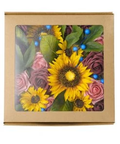 HIER_5120 Artificial Roses & Silk Sunflowers Mix Flower Box DIY Foam Flower Bouquets - Burgundy/Pink