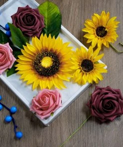 HIER_5120 Artificial Roses & Silk Sunflowers Mix Flower Box DIY Foam Flower Bouquets - Burgundy/Pink