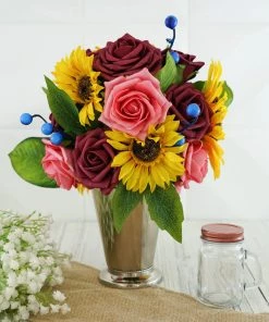 HIER_5120 Artificial Roses & Silk Sunflowers Mix Flower Box DIY Foam Flower Bouquets - Burgundy/Pink