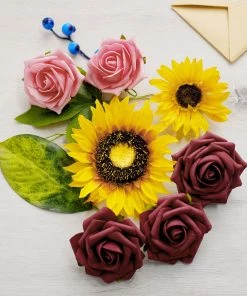 HIER_5120 Artificial Roses & Silk Sunflowers Mix Flower Box DIY Foam Flower Bouquets - Burgundy/Pink