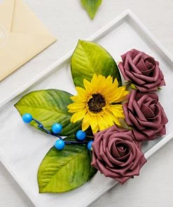 HIER_5120 Artificial Roses & Silk Sunflowers Mix Flower Box DIY Foam Flower Bouquets - Burgundy/Pink