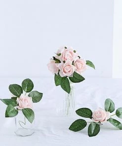 HIER_5120 24 Roses | 2" Rose Gold/Blush Artificial Foam Rose With Stem And Leaves - 16 Colors