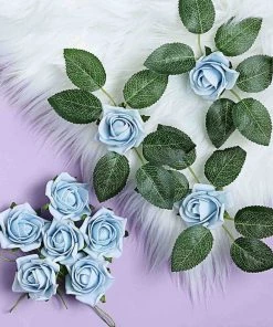 HIER_5120 24 Roses | 2" Dusty Blue Artificial Foam Rose With Stem And Leaves - 16 Colors