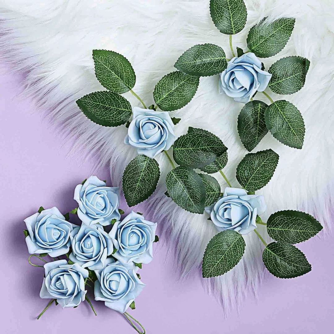 HIER_5120 24 Roses | 2" Dusty Blue Artificial Foam Rose With Stem And Leaves - 16 Colors 3 HIER_5120 24 Roses | 2" Dusty Blue Artificial Foam Rose With Stem And Leaves - 16 Colors