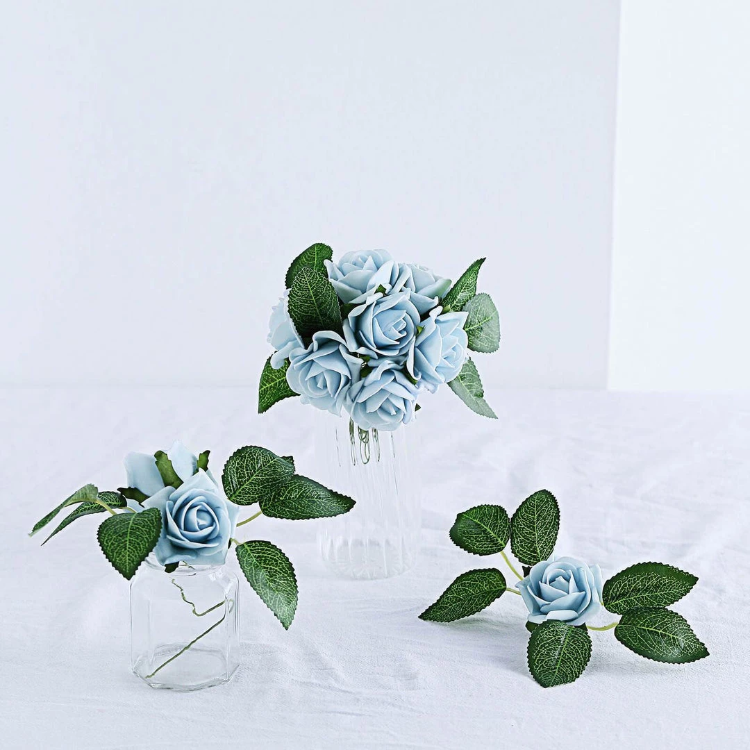 HIER_5120 24 Roses | 2" Dusty Blue Artificial Foam Rose With Stem And Leaves - 16 Colors 17 HIER_5120 24 Roses | 2" Dusty Blue Artificial Foam Rose With Stem And Leaves - 16 Colors