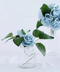 HIER_5120 24 Roses | 2" Dusty Blue Artificial Foam Rose With Stem And Leaves - 16 Colors