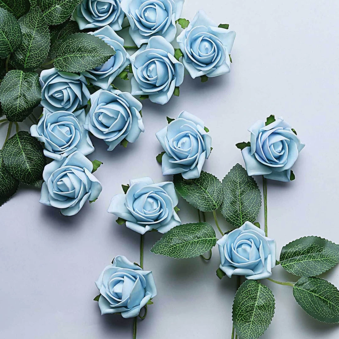HIER_5120 24 Roses | 2" Dusty Blue Artificial Foam Rose With Stem And Leaves - 16 Colors 13 HIER_5120 24 Roses | 2" Dusty Blue Artificial Foam Rose With Stem And Leaves - 16 Colors