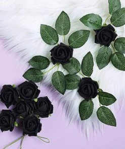 HIER_5120 24 Roses | 2" Black Artificial Foam Rose With Stem And Leaves - 16 Colors