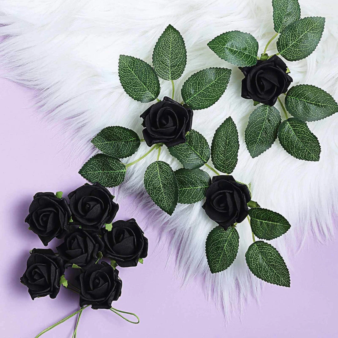 HIER_5120 24 Roses | 2" Black Artificial Foam Rose With Stem And Leaves - 16 Colors 3 HIER_5120 24 Roses | 2" Black Artificial Foam Rose With Stem And Leaves - 16 Colors