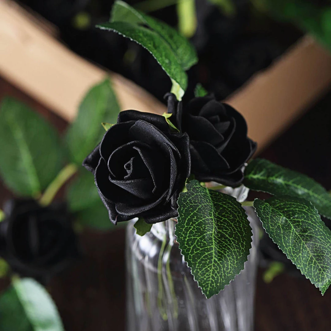 HIER_5120 24 Roses | 2" Black Artificial Foam Rose With Stem And Leaves - 16 Colors 15 HIER_5120 24 Roses | 2" Black Artificial Foam Rose With Stem And Leaves - 16 Colors