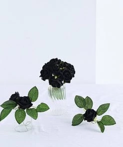 HIER_5120 24 Roses | 2" Black Artificial Foam Rose With Stem And Leaves - 16 Colors