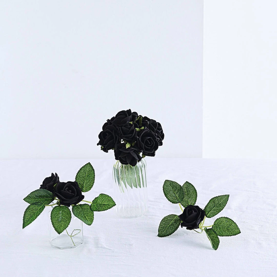 HIER_5120 24 Roses | 2" Black Artificial Foam Rose With Stem And Leaves - 16 Colors 4 HIER_5120 24 Roses | 2" Black Artificial Foam Rose With Stem And Leaves - 16 Colors