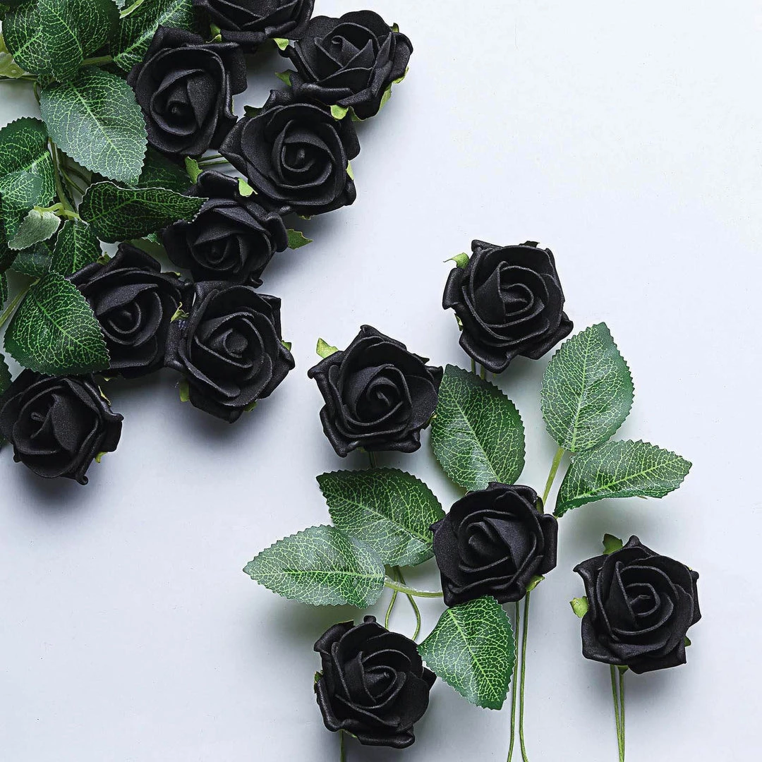 HIER_5120 24 Roses | 2" Black Artificial Foam Rose With Stem And Leaves - 16 Colors 13 HIER_5120 24 Roses | 2" Black Artificial Foam Rose With Stem And Leaves - 16 Colors
