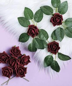 HIER_5120 Craft Flowers 24 Roses | 2" Burgundy Artificial Foam Rose With Stem And Leaves - 16 Colors