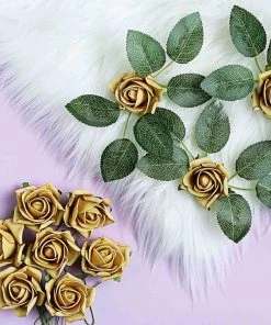 HIER_5120 Craft Flowers 24 Roses | 2" Gold Artificial Foam Rose With Stem And Leaves - 16 Colors