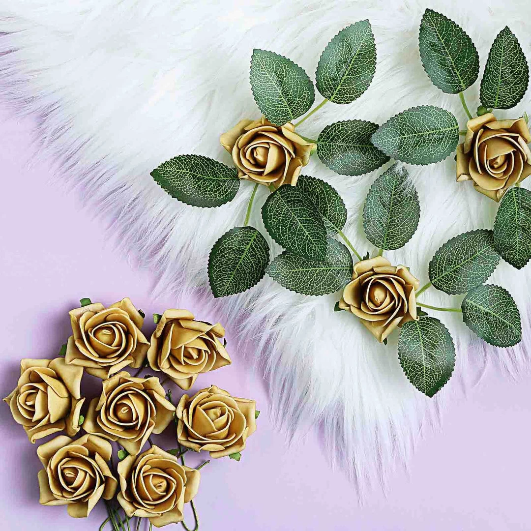 HIER_5120 Craft Flowers 24 Roses | 2" Gold Artificial Foam Rose With Stem And Leaves - 16 Colors 3 HIER_5120 Craft Flowers 24 Roses | 2" Gold Artificial Foam Rose With Stem And Leaves - 16 Colors