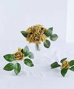 HIER_5120 Craft Flowers 24 Roses | 2" Gold Artificial Foam Rose With Stem And Leaves - 16 Colors 30 HIER_5120 Craft Flowers 24 Roses | 2