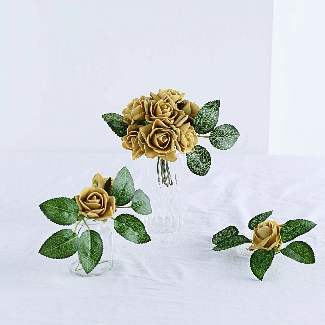 HIER_5120 Craft Flowers 24 Roses | 2" Gold Artificial Foam Rose With Stem And Leaves - 16 Colors 15 HIER_5120 Craft Flowers 24 Roses | 2" Gold Artificial Foam Rose With Stem And Leaves - 16 Colors
