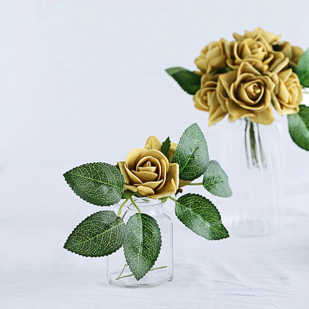 HIER_5120 Craft Flowers 24 Roses | 2" Gold Artificial Foam Rose With Stem And Leaves - 16 Colors 13 HIER_5120 Craft Flowers 24 Roses | 2" Gold Artificial Foam Rose With Stem And Leaves - 16 Colors