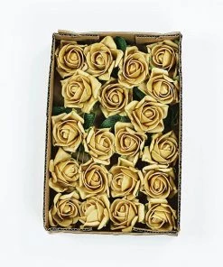 HIER_5120 Craft Flowers 24 Roses | 2" Gold Artificial Foam Rose With Stem And Leaves - 16 Colors 24 HIER_5120 Craft Flowers 24 Roses | 2