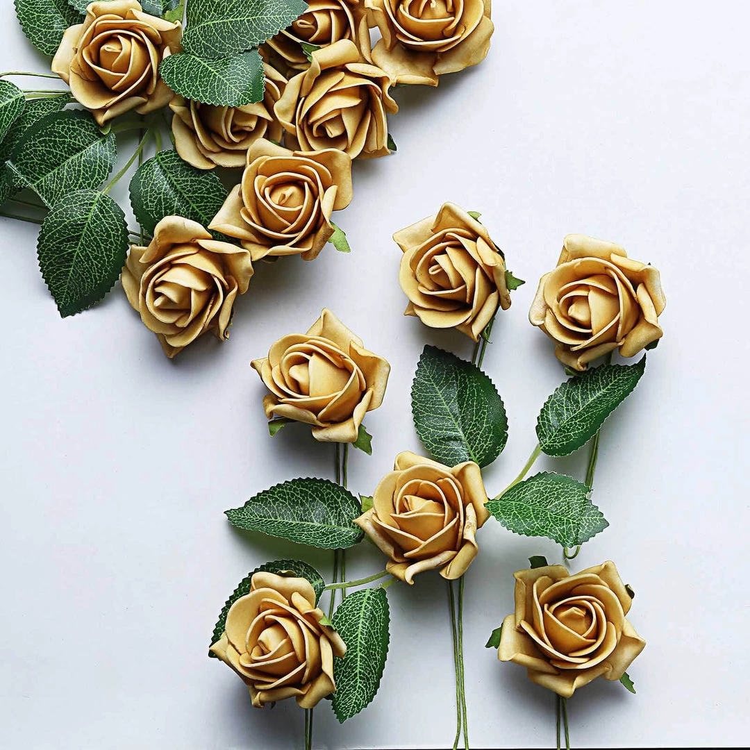 HIER_5120 Craft Flowers 24 Roses | 2" Gold Artificial Foam Rose With Stem And Leaves - 16 Colors 12 HIER_5120 Craft Flowers 24 Roses | 2" Gold Artificial Foam Rose With Stem And Leaves - 16 Colors