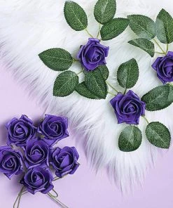 HIER_5120 24 Roses | 2" Purple Artificial Foam Rose With Stem And Leaves - 16 Colors