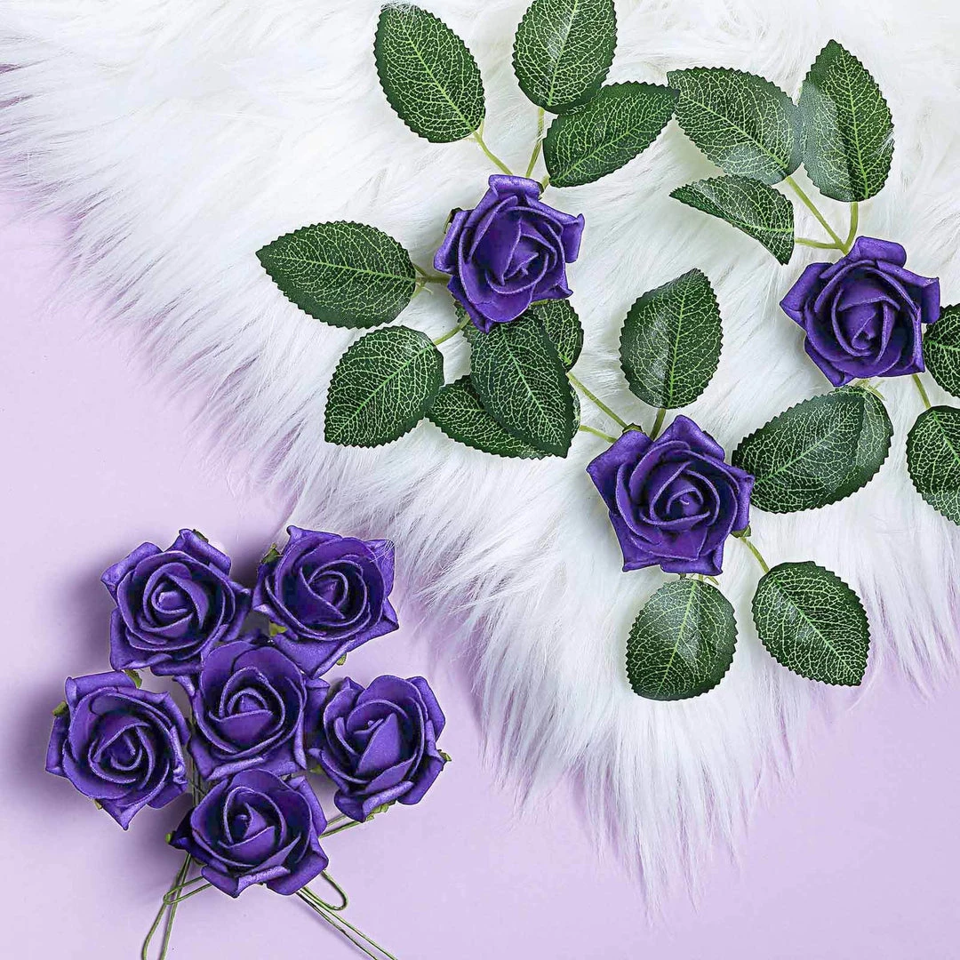 HIER_5120 24 Roses | 2" Purple Artificial Foam Rose With Stem And Leaves - 16 Colors 3 HIER_5120 24 Roses | 2" Purple Artificial Foam Rose With Stem And Leaves - 16 Colors