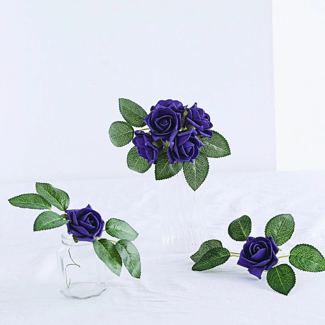 HIER_5120 24 Roses | 2" Purple Artificial Foam Rose With Stem And Leaves - 16 Colors 15 HIER_5120 24 Roses | 2" Purple Artificial Foam Rose With Stem And Leaves - 16 Colors
